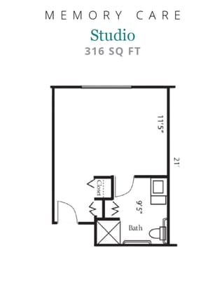 Architectural floor plan of a memory care studio