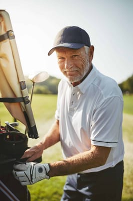 An elderly man prepping for a day of golf on the course