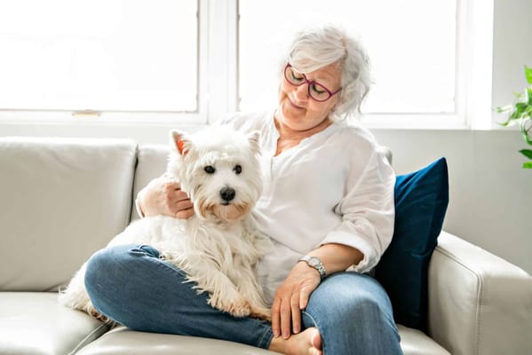Resident enjoying time with a pet in a cozy interior