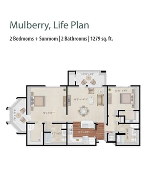 Architectural floor plan of a two-bedroom unit