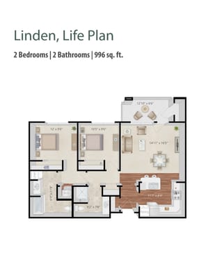 Architectural floor plan of a two-bedroom unit