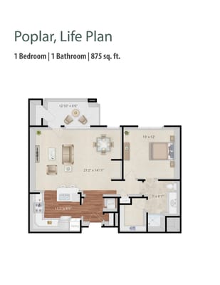Architectural floor plan of a one-bedroom unit