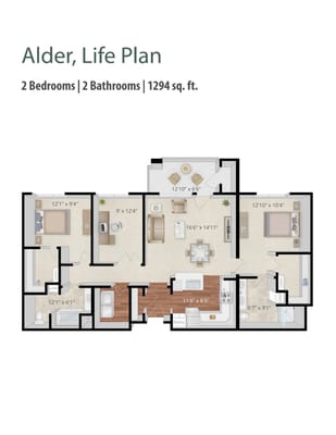 Architectural floor plan of a two-bedroom unit