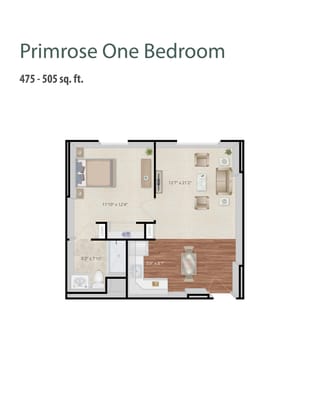 Architectural floor plan of a one-bedroom unit