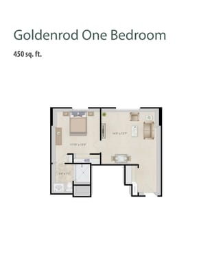 Architectural floor plan for a one-bedroom unit