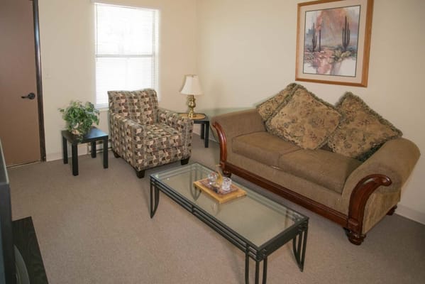 Cozy living room area in assisted living facility