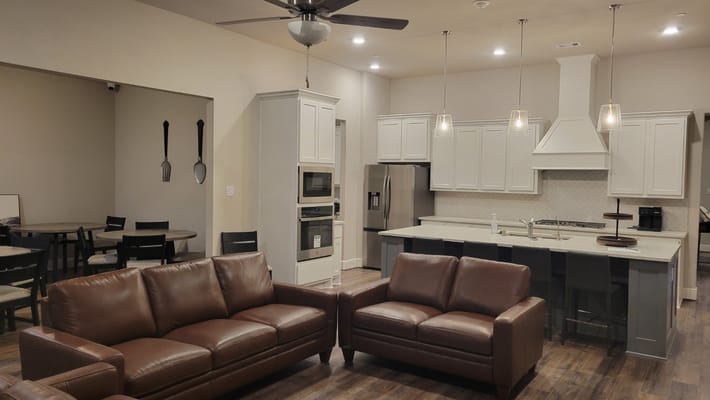 Inviting kitchen and living space with leather sofas and modern appliances