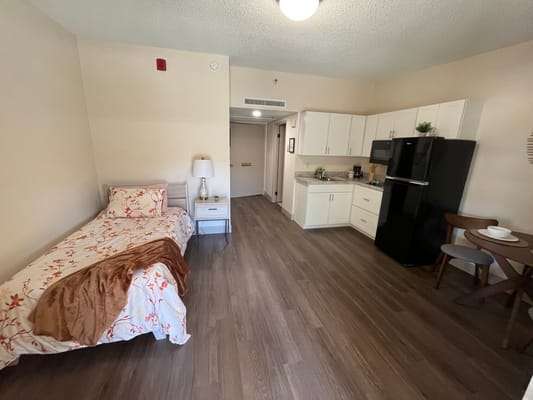 A bright studio apartment with a bed and kitchenette