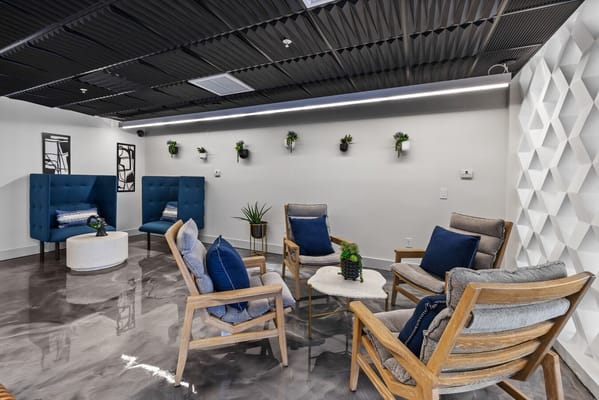 Cozy lounge space with chairs and plants