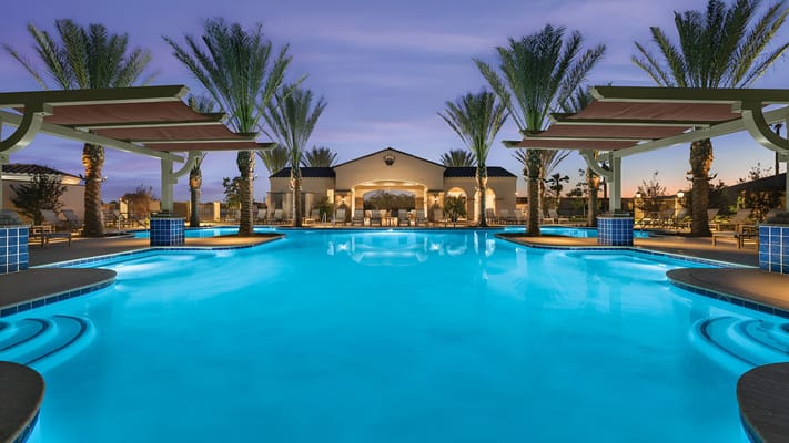 Beautiful outdoor pool area surrounded by palm trees
