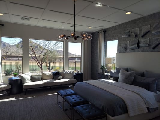 Bright and spacious bedroom with mountain views