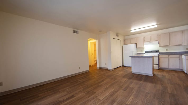 Bright kitchen and living area with wooden flooring