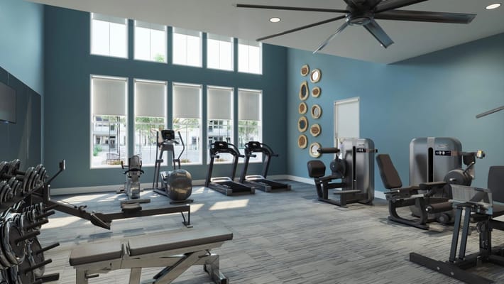 Modern gym equipment in a fitness center with large windows.