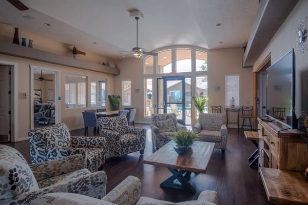 Interior common area with seating and natural light