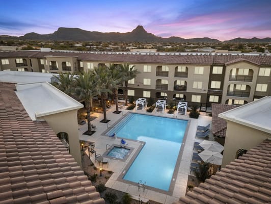 Resort-style pool area surrounded by palm trees