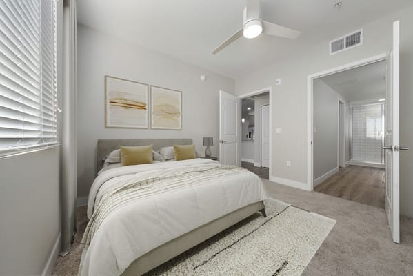 Cozy resident room with modern decor and natural light