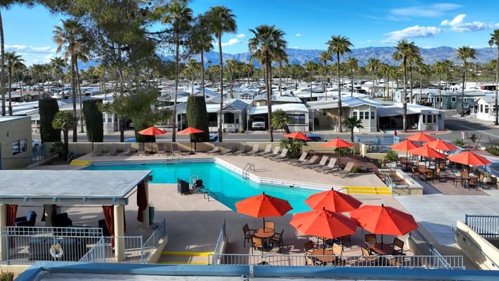Swimming pool with orange umbrellas and lounge chairs at Rincon Country West RV Resort