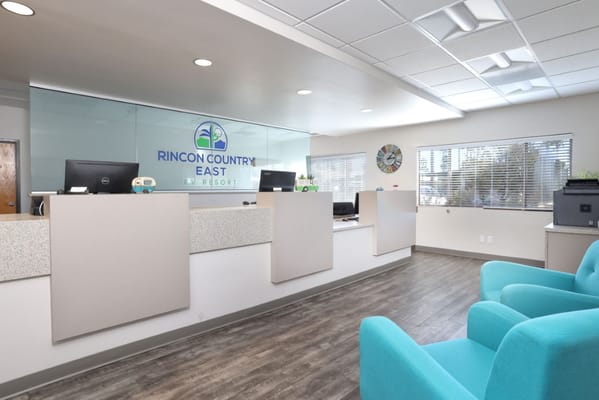 Welcoming reception area with blue chairs and modern decor