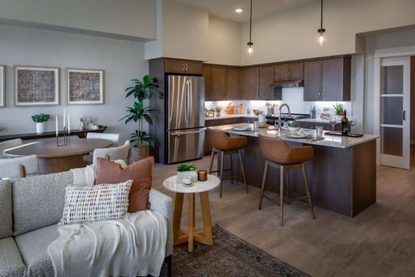Modern kitchen and living space in a senior facility