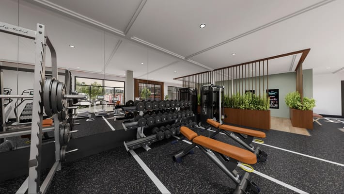 Modern gym with fitness equipment and weights