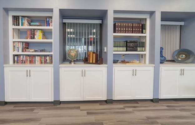Interior bookshelves in a communal area