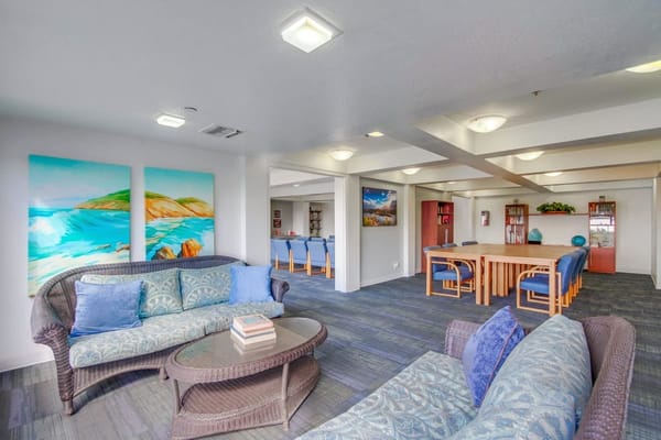 Common area with seating and artwork