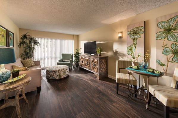Cozy interior of a senior living room with floral decor