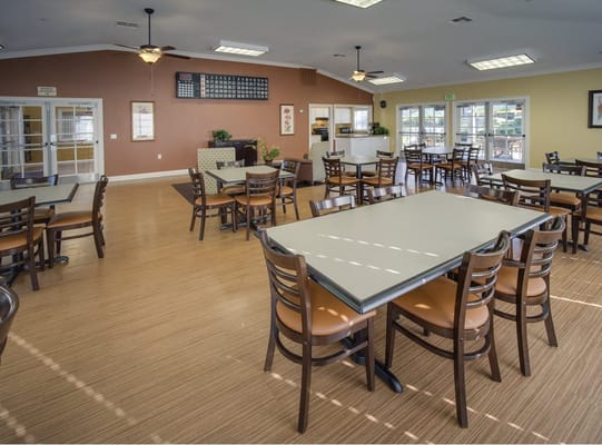 Interior view of a dining area in a senior living facility