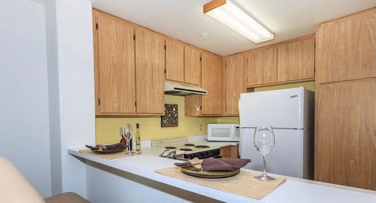 Interior view of a kitchen in a senior living unit