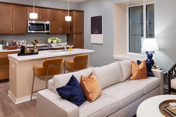 A modern living room with a sofa, kitchen bar, and decor.