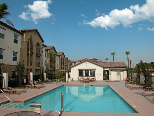 Outdoor view of the swimming pool with residential buildings