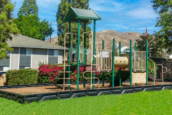 Colorful playground equipment in a grassy area