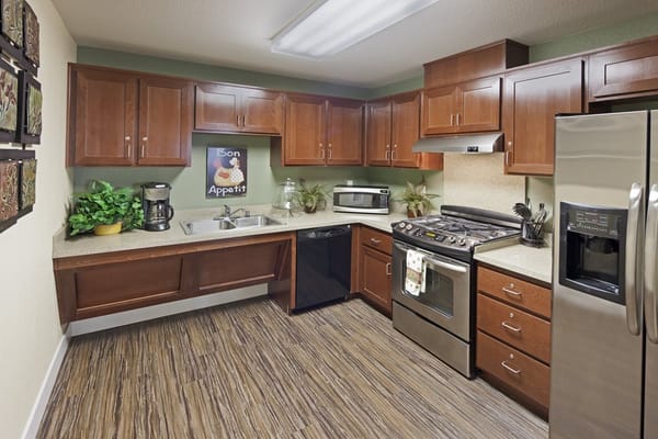 Modern kitchen with brown cabinets and stainless steel appliances