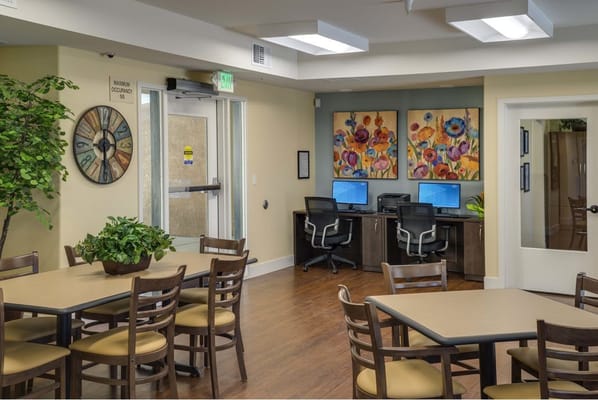 Common area with seating and computer stations