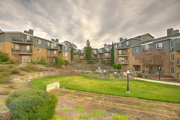 Outdoor area with residential buildings and gardens