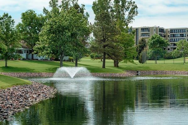 Outdoor view featuring a pond and nearby building