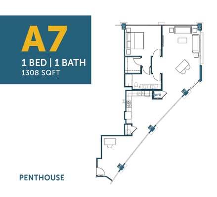 Architectural floor plan of a one-bedroom unit