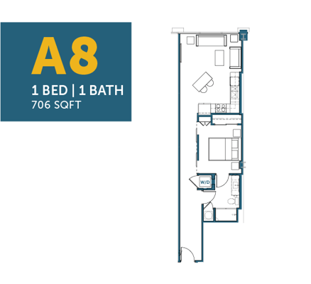 Architectural floor plan of a one-bedroom apartment