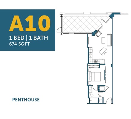 Floor plan for a penthouse unit with 1 bedroom and 1 bath