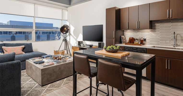 Modern living room and kitchen in a senior living unit