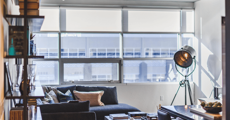 Bright interior lounge area with a sofa and bookshelves