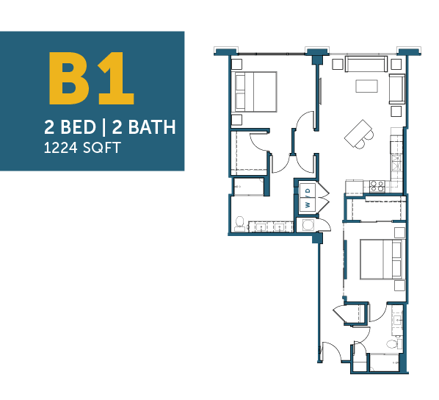 Architectural floor plan of a 2-bedroom unit