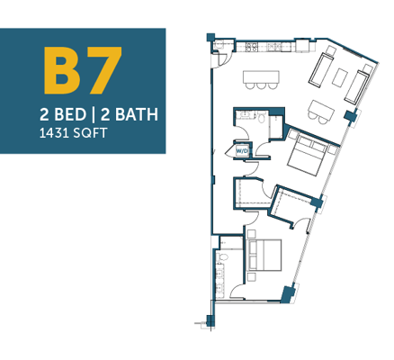 Floor plan of a two-bedroom, two-bathroom unit