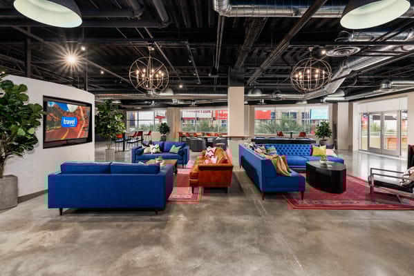 Modern lounge area with colorful seating in the facility