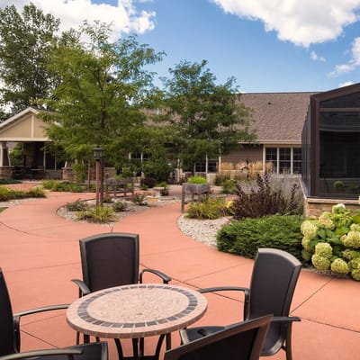 Pathway in a landscaped outdoor area of the facility