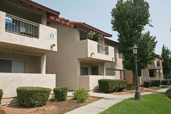 Exterior view of residential apartment buildings with balconies