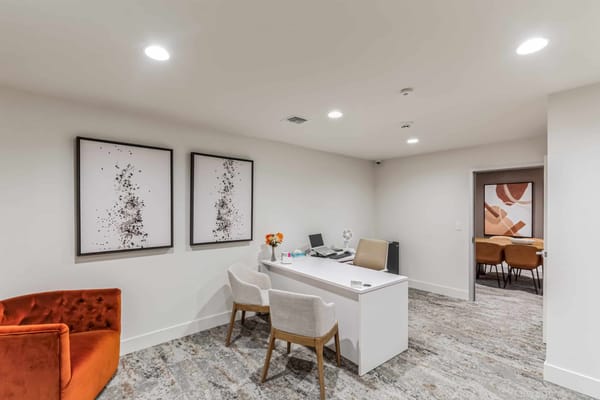 Bright reception area with modern furniture and decor