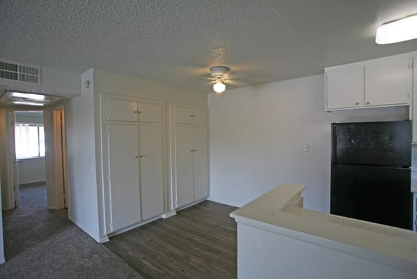 Interior view of an apartment kitchen area