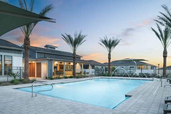 Outdoor pool area with palm trees and seating