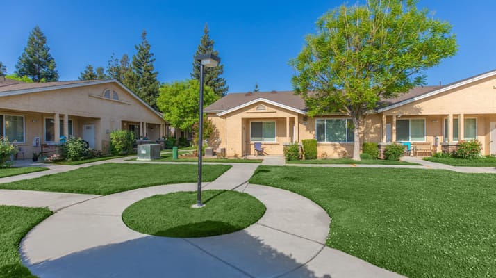 Outdoor view of well-maintained senior apartments